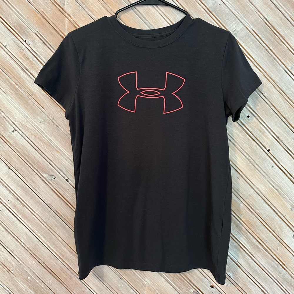 Under Armour Blueish Grey Tee with Pink Emblem Athletic Cotton T Shirt